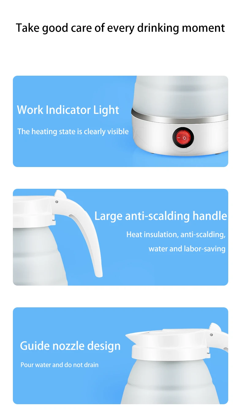 Foldable Portable Electric Water Kettle, Silicone and SUS 304, One-touch Water Boiling, Adjustable Temperature, Various Colors