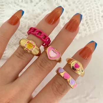 VKME Punk Pink Metal Rings Set For Women Girls Love Heart Smiley Rings 2021 Trend Fashion Wholesale Jewelry Gifts