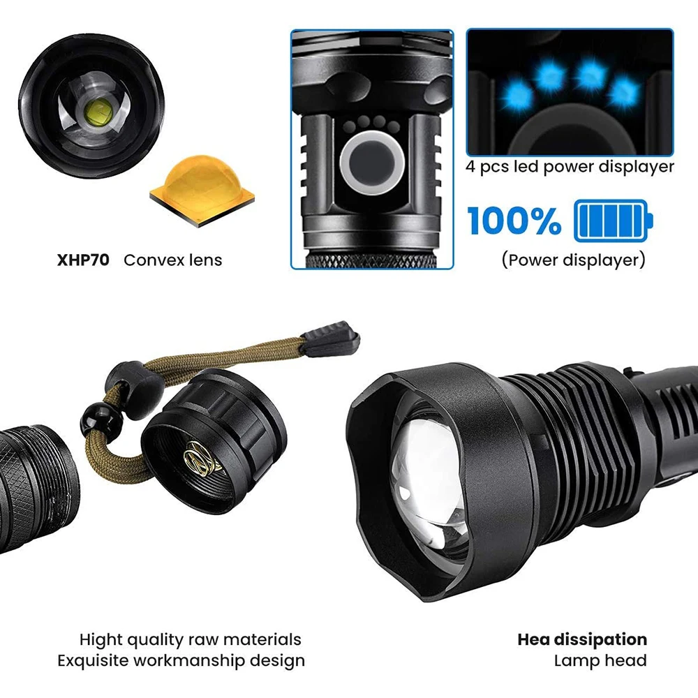 P70 Tactical Torch Light Led Rechargeable Flashlight Long Range Powerful 100000 Lumens Waterproof Flashlights Torches