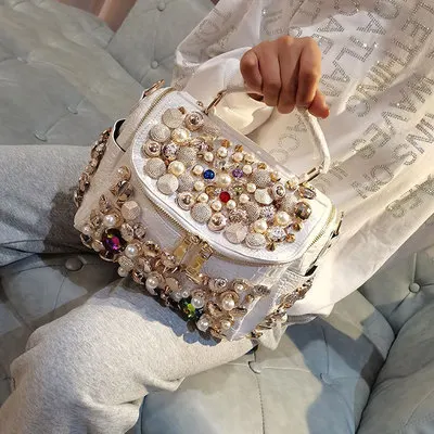 Rivet Rhinestone Bling crocodile Pattern Pearl Handbags Crossbody Evening Ladies Handmade Women Hand Bags Leather Luxury