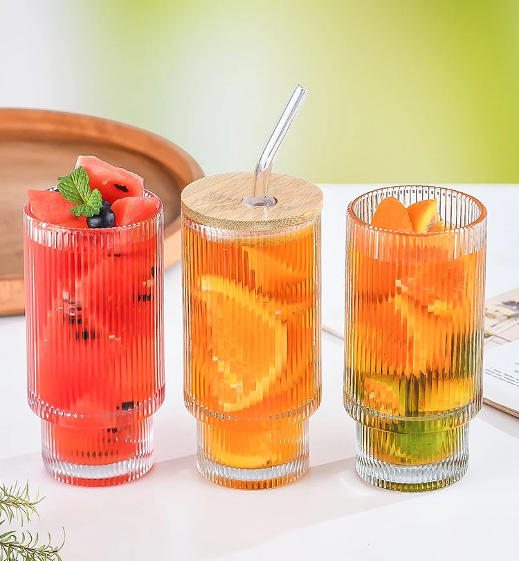 DD1810  Kitchen Textured Glassware Set of 4 Iced Coffee Whiskey Cocktail  Water Mason Jar Tumbler Ribbed Drinking Glasses Cup