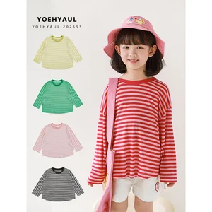 YOEHYAUL X4609 Spring Summer Loose Oversize Girls Girls Long Sleeve Shirt Lyocell Striped Toddler Kids Shirts Girl