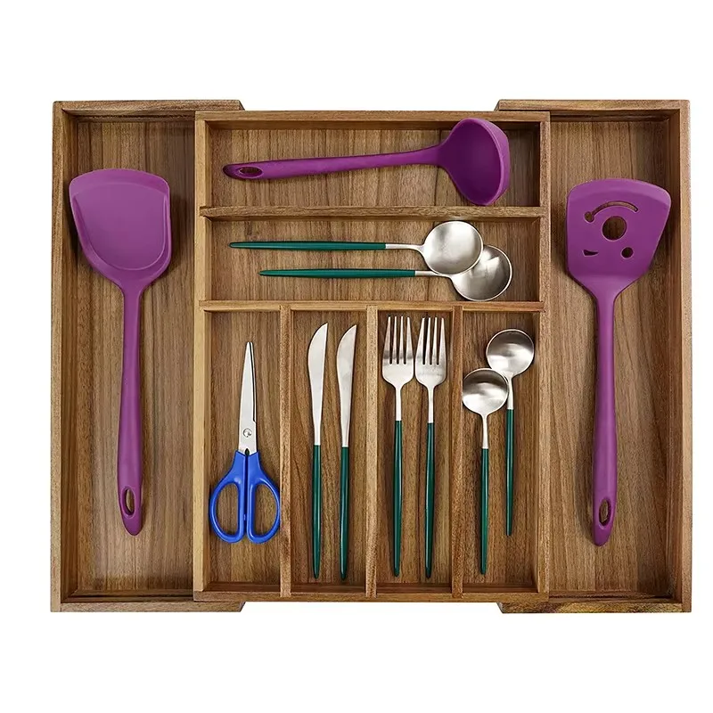 product expandable cutlery tray acacia wood silverware kitchen silverware wooden drawer organizer kitchen utensil tray storage holder-8