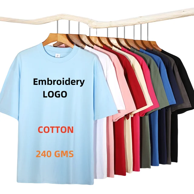 free custom Embroidery LOGO 240 gms heavyweight t-shirt cotton short sleeve T-shirt men's summer boys  oversized tshirt top