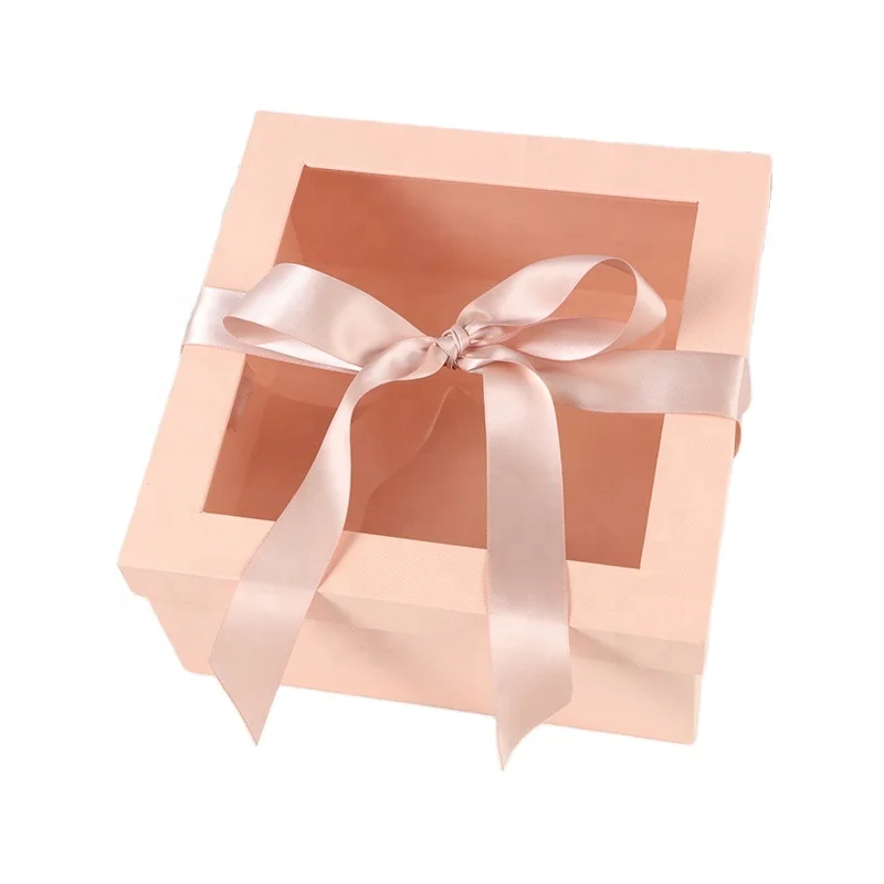 Custom logo pvc window luxury ribbon bow Gold Foil cardboard gift boxes