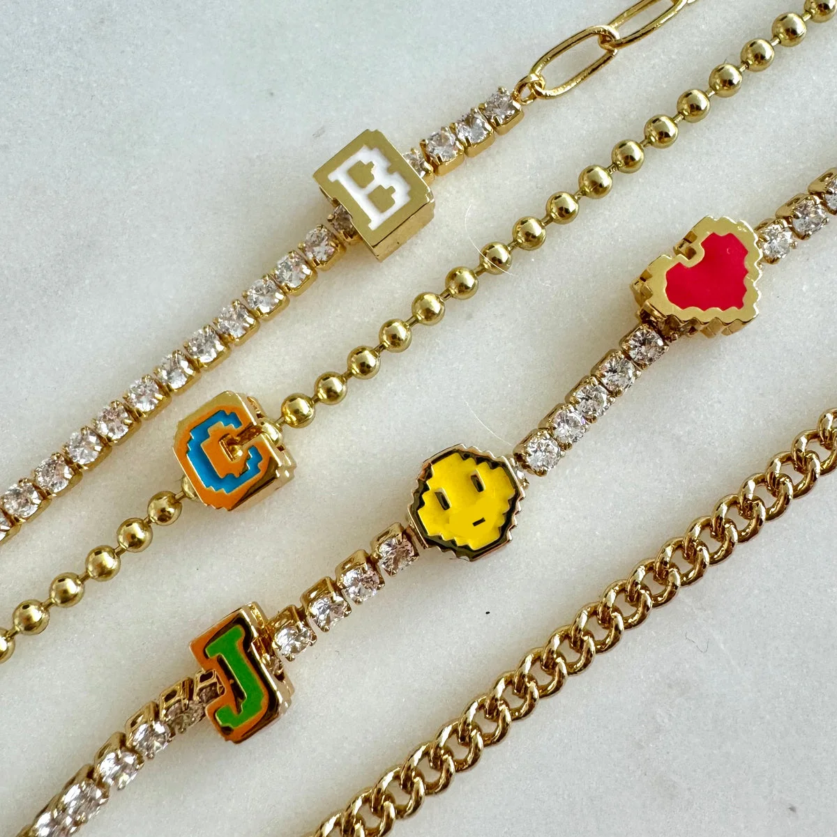 Mini Enamel Initial Charm Personalized Gold Stainless Steel Pixel Alphabet Letter Heart Face Bead