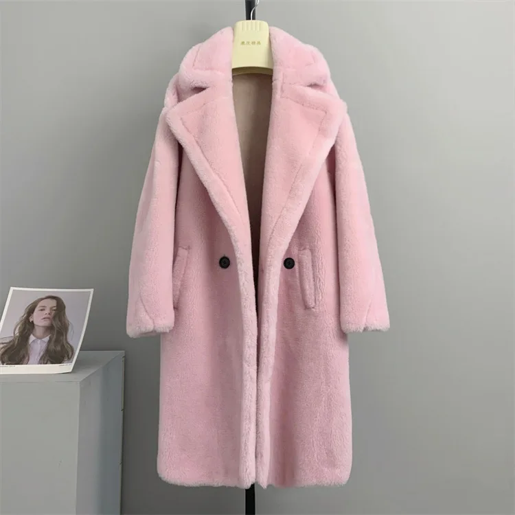 High Quality Loose Cashmere Sheep Alpaca Lapel Wool Fabric Trench Coats Luxury Coats for Women Shearing Long Overcoat