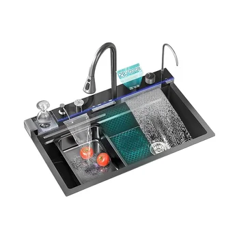 Stainless Steel Kitchen Sink 26.8 X 17.7in Single Bowl Black Digital Display Waterfall Cup Washer Topmount Workstation