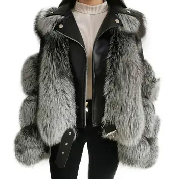 Fur And Leather Jacket Sheepskin Winter Warm luxury Real Silver Fox Leather Fur Coat For Women