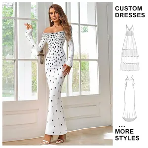 Custom New Style Elegant Rhinestone Women Dresses Diamond Long Sleeve Ex-length Party Dress Sexy off Shoulder Ladies Dresses