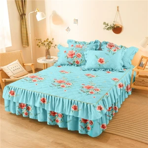 Hot Selling  Double Layer Bedspread Floral Printed Bed Sheet Bilateral Bed Skirt + 2 Pair of Pillowcase Bedsheets