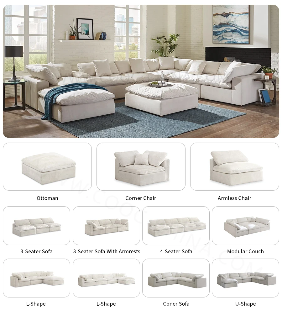 Modern Luxury White Down Feather Cloud Sofa Bed U Shape Modular Cloud