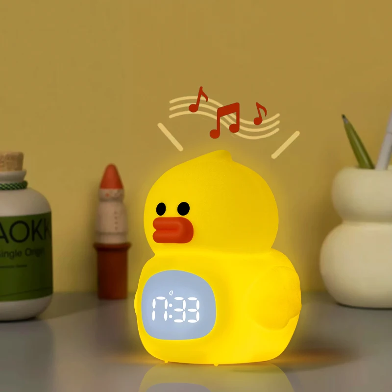 Cute Portable LED Duck Alarm Clock with Night Light Rechargeable and Remote Controlled for Baby Kid's Bed Room Decoration