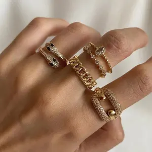 Personalized Geometric Alloy Ring Set, Women's Golden Square Zircon Snake Ring, Girls' Punk Party Jewelry