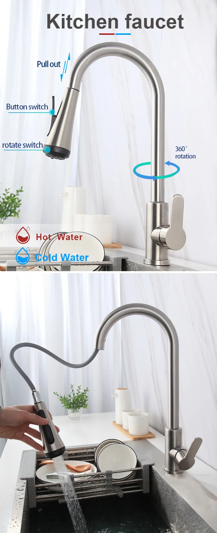 Pull Down Deltas Kitchen Faucet 304 Stainless Steel Hot Cold Water Tap