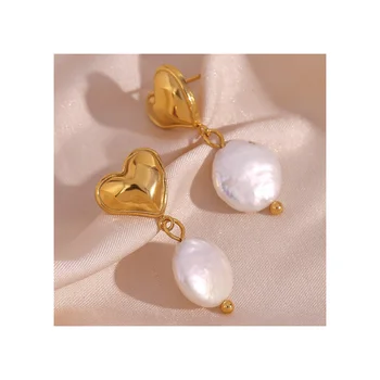 18K Gold Plated Stainless Steel Drop Earrings Fresh Water Pearl Heart Fine Jewelry Trendy Fashion Jewelry