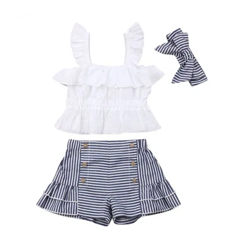 Summer White Sling Sleeveless Top Blue Striped Shorts Headscarf 3-Piece Toddler kids clothing sets baby girl clothes