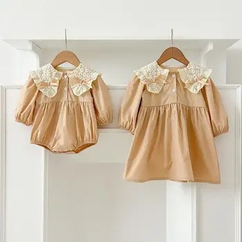 Autumn new girls dress long sleeve baby rompers bow embroidery baby girl dress sisters outfit