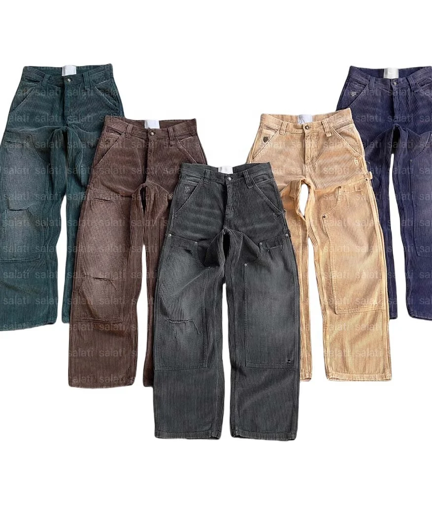 Salati Trouser Hombr Streetwear Sun Faded Acid Wash Oversized Corduroy Loose Wide Leg Double Knee Carpenter Baggy Cargo Pant Men