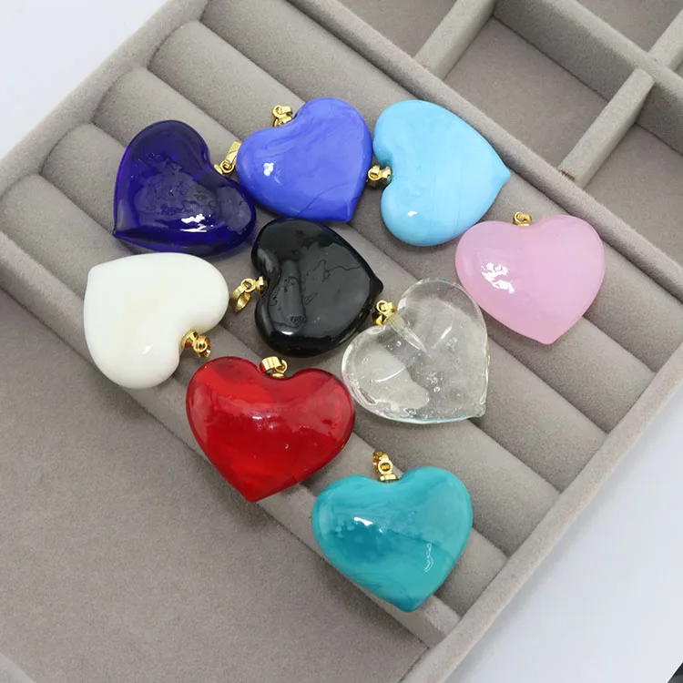 JF8387 Jewelry Supplies Big Large Chunky Rainbow Multi Colored Gold Glaze  Lampwork Glass Puffy Clear Pure Heart Shaped Pendants