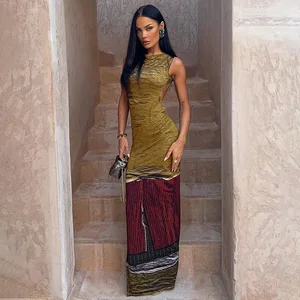 JY  Summer 2024 New Vintage Print Sleeveless Sexy Maxi Dress Bodycon Elegant Backless Fashion Dress for Women Lady
