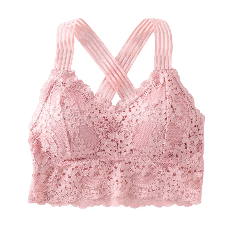 Lace Bralette Halter Bras Criss-cross Back Lace Bra Removable Cup Pads  Asian Young Girls Sexy Padded Deep V Neck Wireless