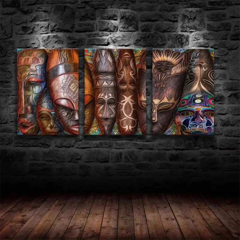 Set of 3 Canvas Poster African American Mask Tribal Ethnic Painting on Canvas Wall Art Poster Canvas for Living Room