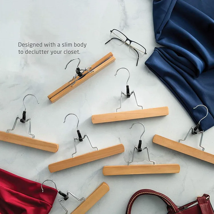 High-Grade Wooden Pants Hangers with Clips Non Slip Slack Skirt Hangers 10 Pack 