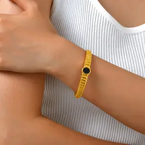New Fashion Stainless Steel 18k Gold Plated Round Plaque Openable Cuff Bangle Anti-fade Jewelry Bracelet