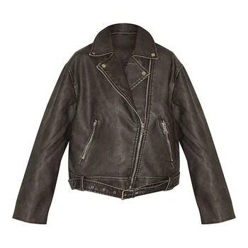 Women's Vintage Style Coat PU Leather Biker Loose Fit Long Sleeve Lapel Collar Zip up Outerwear With Belt Fashion Casual Jacket