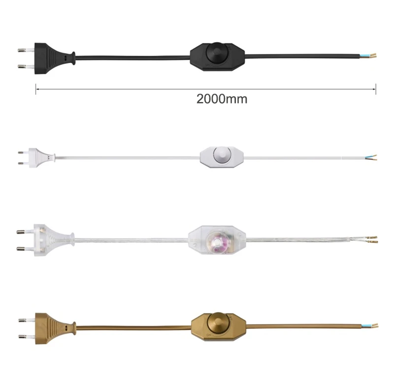 EU 2 Pin Lamp Cord With Rotary Switch Plug 2m Dimmer Switch Extension Cords With Knob  Stripped Ends Ready for DIY Light Wiring
