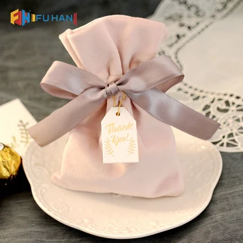 Small Pink Ribbon Bow Lovely Cosmetic Packing Bag Wedding Gift Bag Drawstring Velvet Jewelry Pouch
