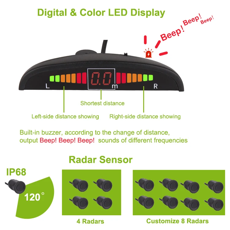 Factory Customized Best Radar Detector 3M Anti-Collision Ultrasonic Reversing Sensors Backup Warning for Waterproof Monitor