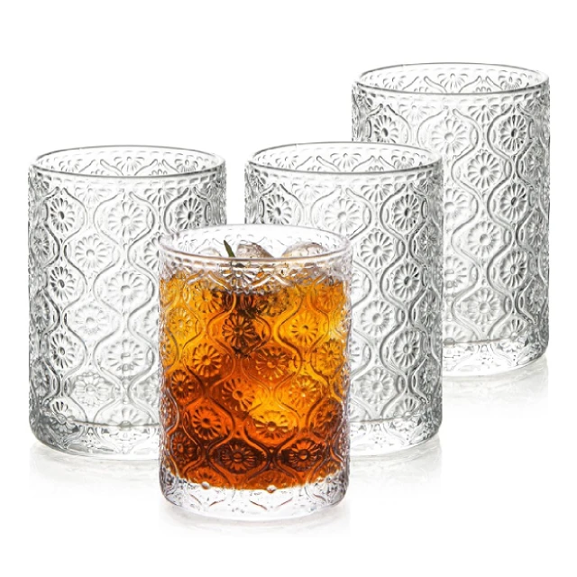 Kitchen Drinking Glasses with Embossed Style Vintage Ribbed Glassware for Iced Coffee Glass Tumbler 380ML