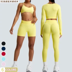 YISHENHONG Women's Fitness Clothing Active Wear Gym Sport Sets 4 Piece Crop Top Yoga Workout Set Long Sleeve Plus Size Wholesale