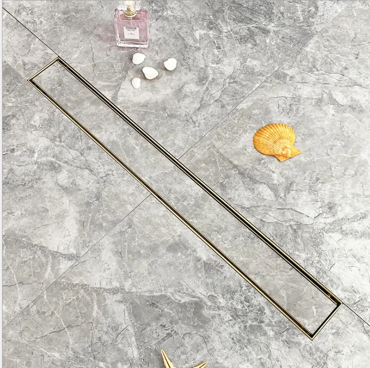 24 Inch Brushed Gold Uncoated Brass Modern Bathroom Shower Linear Rectangular Floor Drain