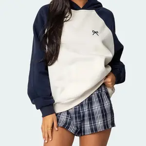 Custom Logo Hooded Winter Color Block Sweatshirt with Blue Sleeves and White Body Stylish Contrast Design ODM Pullover for Women