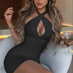 Women's Casual Summer Solid Pattern Mini Dress Sexy Bodycon Cross Ruched Halter Sleeveless Chiffon Natural Waist Plain Dyed