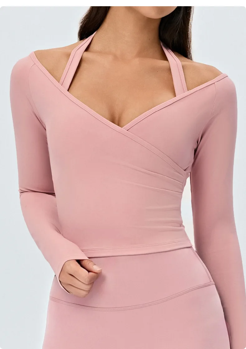 Women's Long Sleeve Yoga Cross Pleated V Neck Crop Shirt Four Way Stretch Quick Dry Pilates Workout Wear — detail