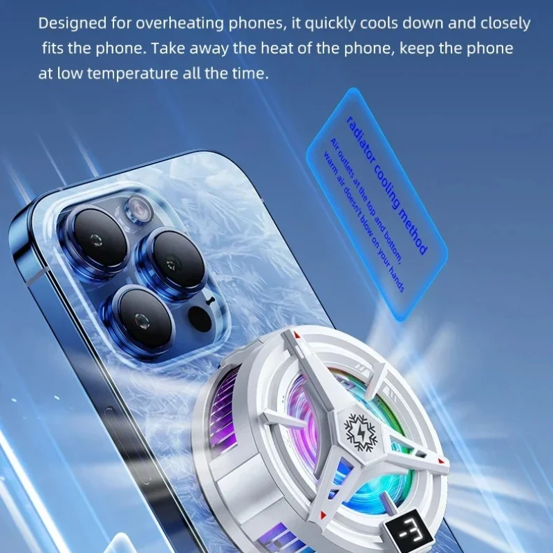 Three Gears Adjustable Magnetic Suction Mobile Phone Cooler Back Clip with Semiconductor Cooling Radiator RGB Light 300g