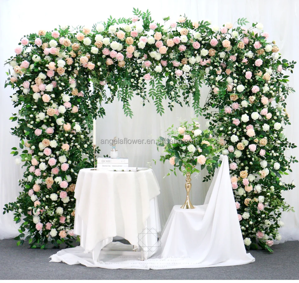Luxury White Pink Rose Green Plants Leaf Artificial Flower Row Wedding