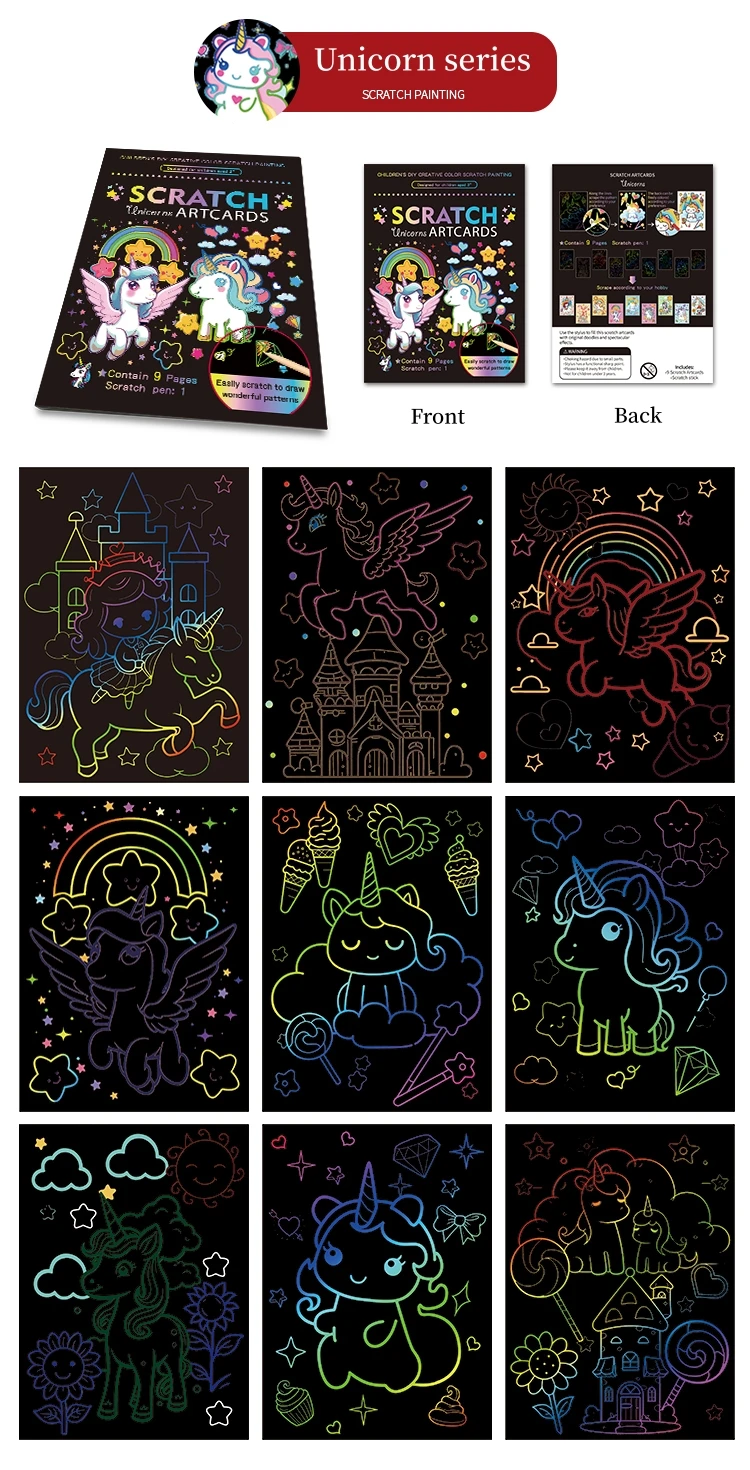 儿童魔幻独角兽着色活动书刮刮纸艺术模板艺术套装9件魔幻彩虹刮刮画艺术卡| Alibaba.com, image size:750x1470
