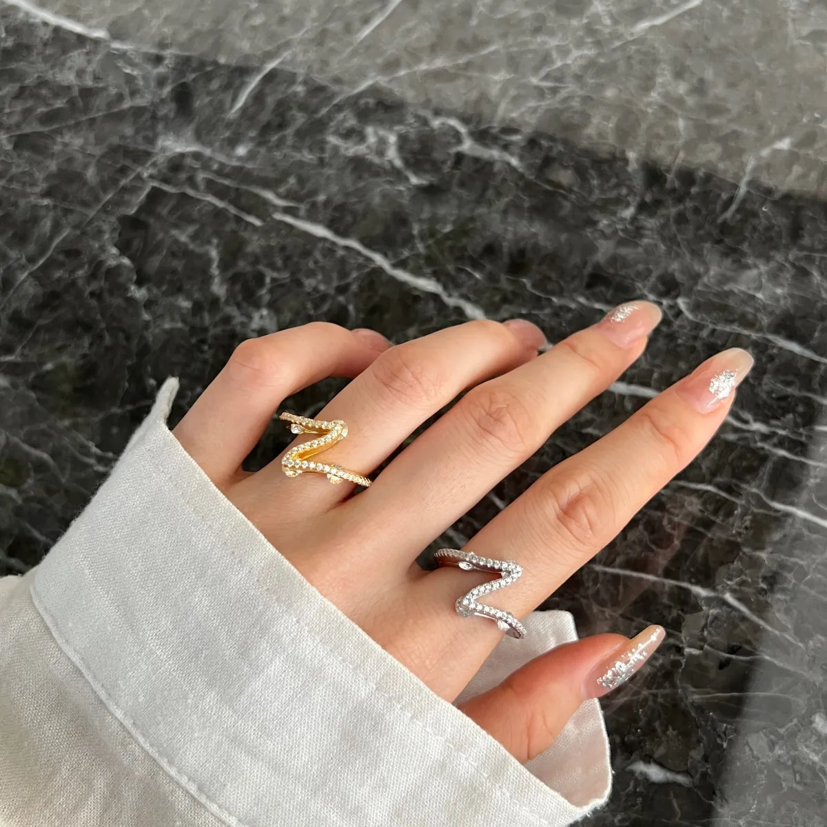 KAKODIY 925 Sterling Silver Ring 18K Gold Plated Exquisite Pearlescent Cubic Zirconia Cubic Zirconia Zircon Pave Lightning Women's Ring detail 5