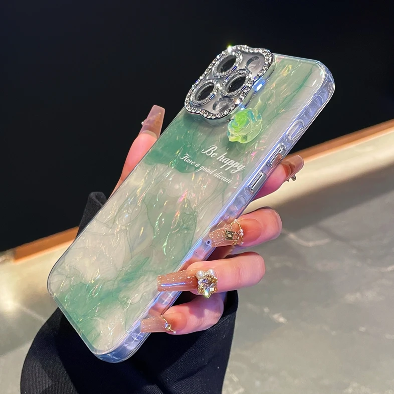 Luxury Diamond Marble Shell Soft TPU Case for iPhone 16 Plus 15 Pro 14 Pro Max 13 Mini 12 11 Bling Girls Smudge Phone Cover