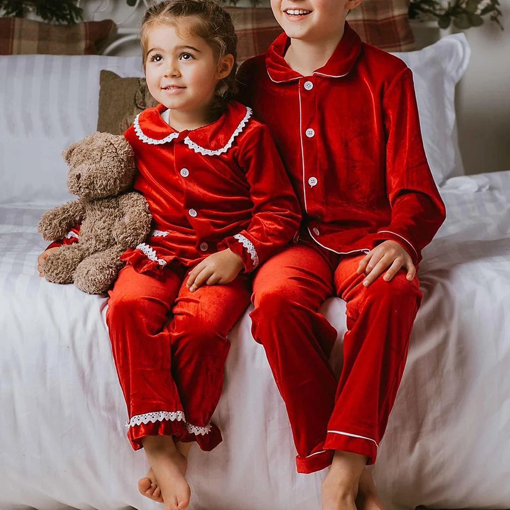 Red Velvet Kids Christmas Nighties Kids Tales Velvet Pajamas Warm