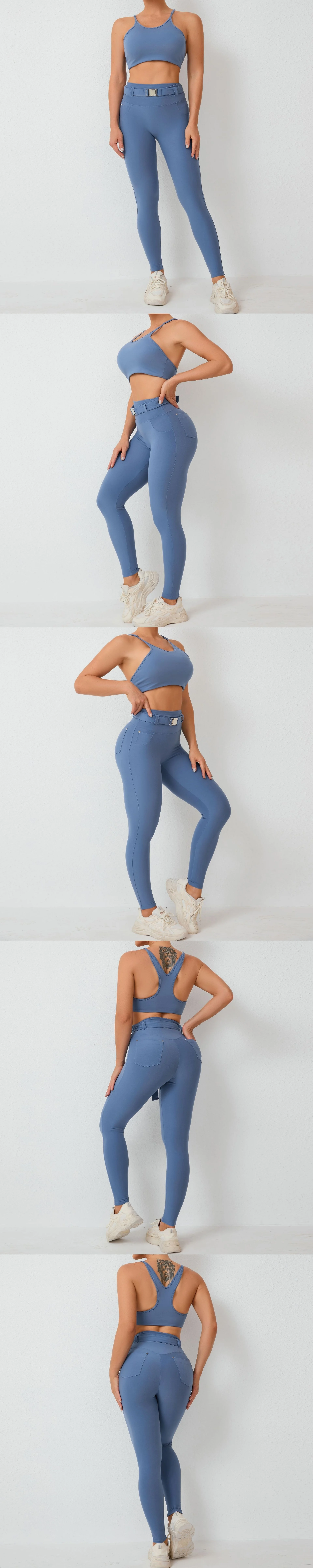 product 2024 new denim pocket shape tight yoga suit women adjustable waist fitness clothing with belt workout two piece yoga conjuntos-59