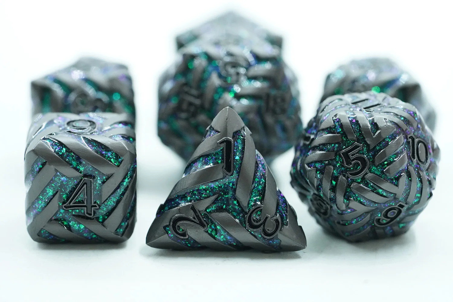 Luxurious Polyhedral Metal Dice in Green and Black Factory Supplied for DND Games Made of Zinc Alloy details