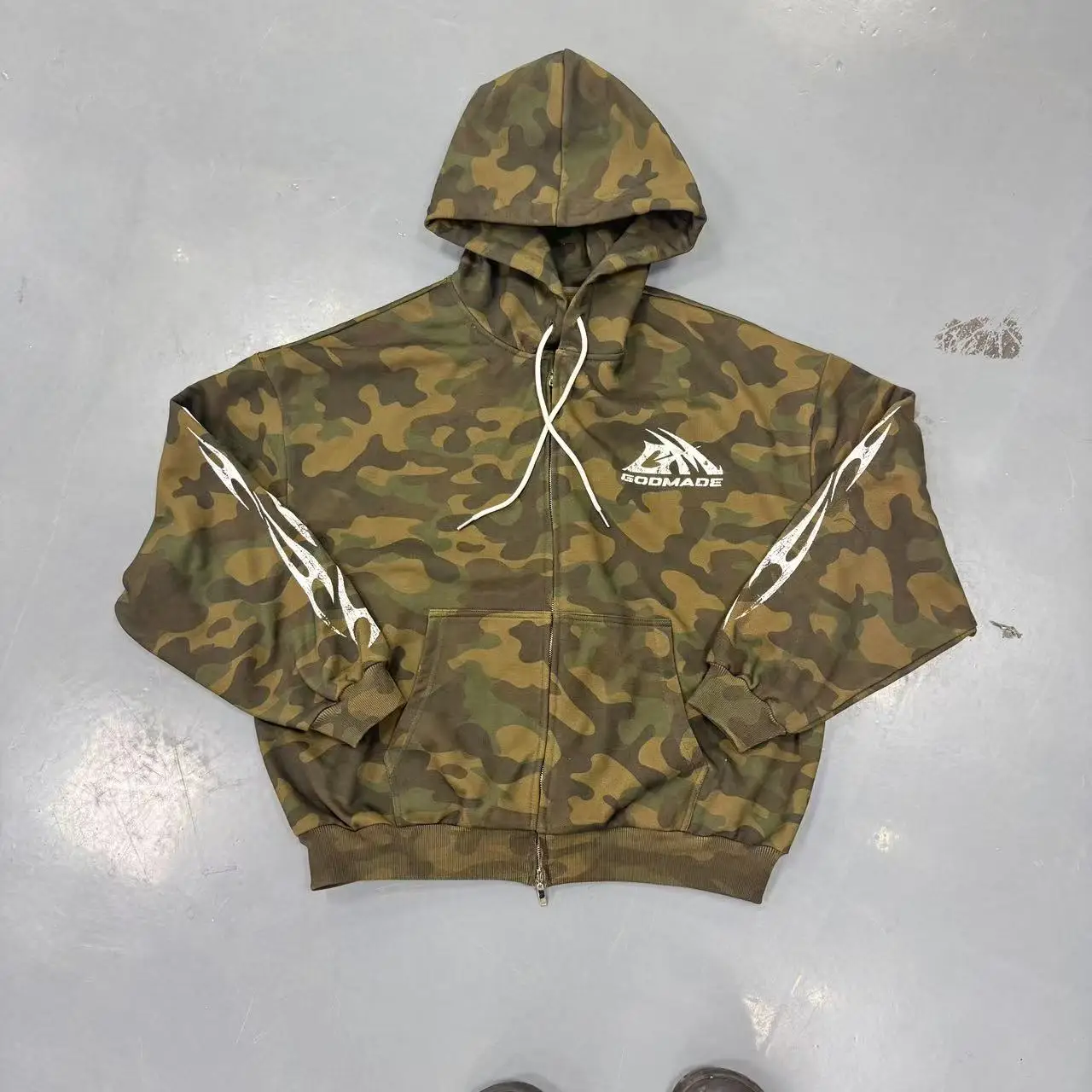 Zip up Custom Full 420 GSM Printing Camo Hoodie Heavy Boxy Cropped Fit Vintage Distress Embroidery Logo Oversized Men Hoodie gallery 3