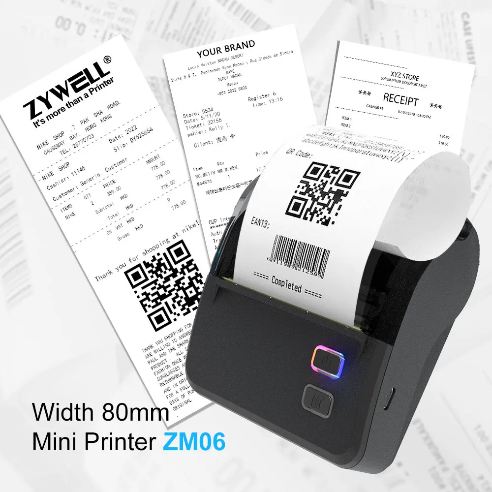 Zywell Portable Mini Inkless 80mm Thermal Receipt Printer