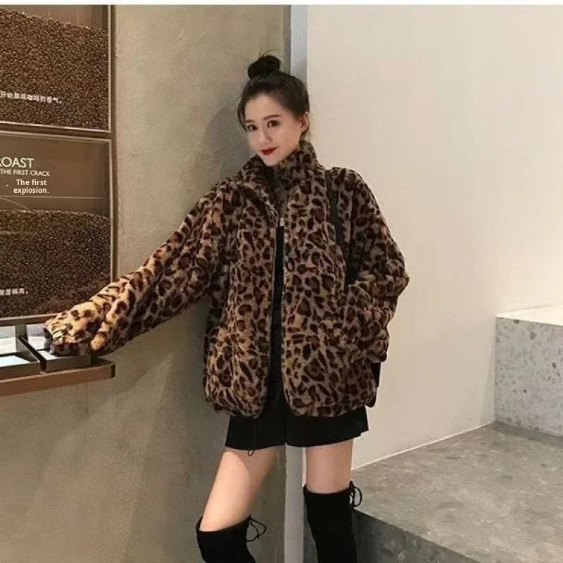 European American Autumn Winter New Korean Style Wool/Silk Slim ELEGANT Maternity Leopard Print Long Sleeves Coat Retro Women's